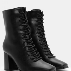 Lace-Up Μποτάκια με Χοντρό Τακούνι – Μαύρο