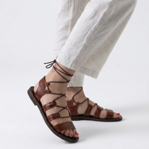 Γυναικεία Δερμάτινα Lace-Up Flat Σανδάλια Croco – Ταμπά