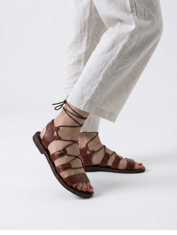 Γυναικεία Δερμάτινα Lace-Up Flat Σανδάλια Croco – Ταμπά